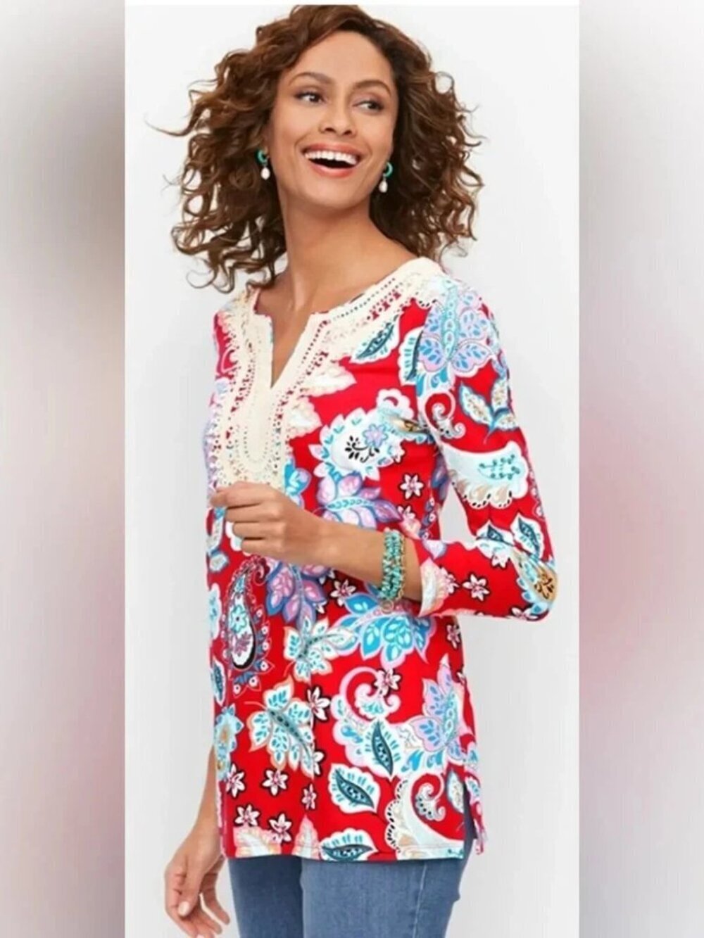 TALBOTS PIMA COTTON BLEND RED PAISLEY FLORAL PRINT CROCHET TUNIC TOP - Picture 2 of 10